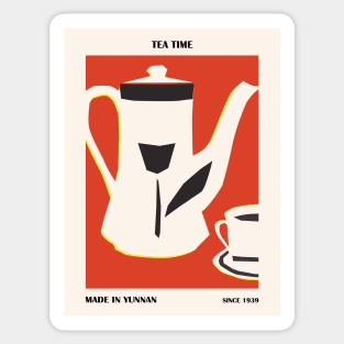 Tea time, Retro poster, Exhibition print, Chinese print, Teapot, Cups, Kitchen decor, Vintage Sticker